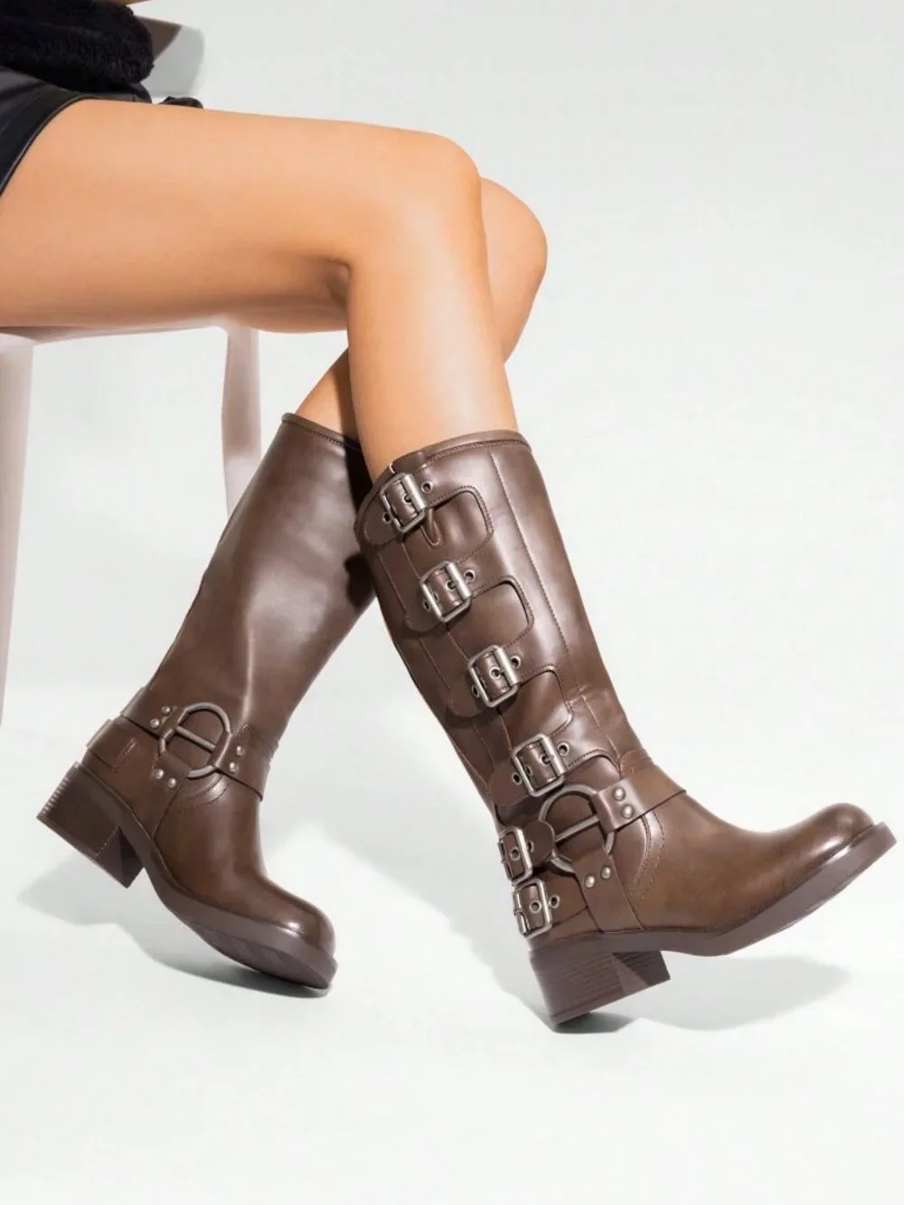 Brown Women's Slip On Knee High Square toe Buckles Motorcycle Riding Boots